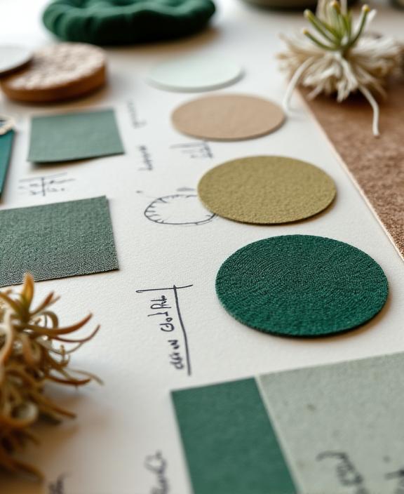 A close-up of a design moodboard featuring fabric swatches, wood samples, and green foliage, representing Veridian Hearth's design process.