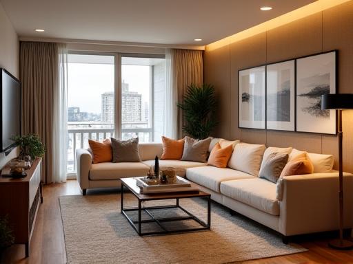 A modern and cozy residential living room designed by Veridian Hearth.